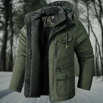 Men's heavy-duty insulated winter parka in Armeegrün color, size 2XL, featuring a hood, water-resistant material, and thermal insulation with button closures, displayed in an outdoor snowy setting.