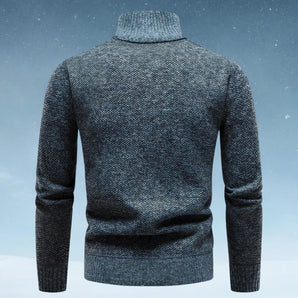Men's heavyweight wool blend turtleneck sweater in charcoal gray featuring long sleeves and a high neck design.
