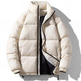 Men's high-collar black insulated puffer jacket with a glossy finish, featuring a thick collar and long sleeves, winter coat.