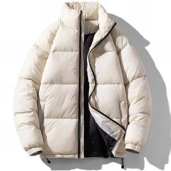 Men's high-collar black insulated puffer jacket with a glossy finish, featuring a thick collar and long sleeves, winter coat.
