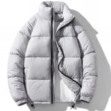Men's High-Collar Black Insulated Puffer Jacket with Glossy Finish, Light Gray, XL, featuring comfortable sleeves and a stylish collar.
