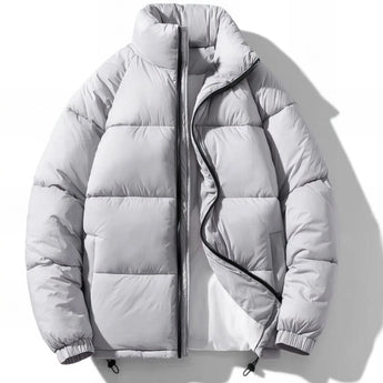 Men's High-Collar Black Insulated Puffer Jacket with Glossy Finish, Light Gray, XL, featuring comfortable sleeves and a stylish collar.