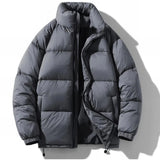 Men's high-collar black insulated puffer jacket in glossy finish, winter coat shown in dark gray, size XL, featuring comfortable sleeves and stylish collar.