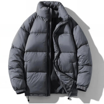 Men's high-collar black insulated puffer jacket in glossy finish, winter coat shown in dark gray, size XL, featuring comfortable sleeves and stylish collar.