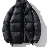 Men's high-collar black insulated puffer jacket with glossy finish, shown in XL size.