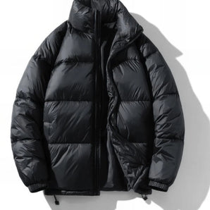 Men's high-collar black insulated puffer jacket with glossy finish, shown in XL size.