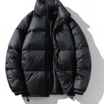 Men's high-collar black insulated puffer jacket with glossy finish, shown in XL size.