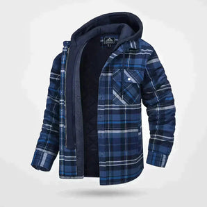 Men's hooded blue checkered insulated winter plaid jacket in dark blue, featuring a tartan pattern, with long sleeves and a collar.