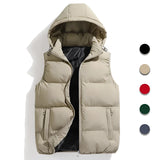 Men's beige hooded insulated puffer vest with a fur-trimmed hood, featuring zipper pockets, made from natural materials and designed for outerwear.