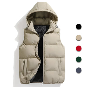 Men's beige hooded insulated puffer vest with a fur-trimmed hood, featuring zipper pockets, made from natural materials and designed for outerwear.