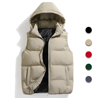 Men's beige hooded insulated puffer vest with a fur-trimmed hood, featuring zipper pockets, made from natural materials and designed for outerwear.