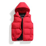 Men's red hooded insulated puffer vest in size 4XL with zipper pockets, featuring a collar and sleeveless design suitable for outerwear.
