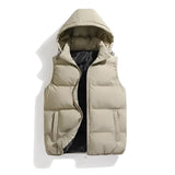 Men's khaki hooded insulated puffer vest with zipper pockets in 4XL, featuring a sleek collar design and made from natural materials.