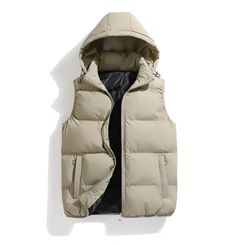 Men's khaki hooded insulated puffer vest with zipper pockets in 4XL, featuring a sleek collar design and made from natural materials.