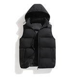 Men's black hooded insulated puffer vest in size 4XL, featuring a front zipper closure and zippered pockets, designed for warmth and style in cold weather.