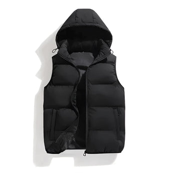 Men's black hooded insulated puffer vest in size 4XL, featuring a front zipper closure and zippered pockets, designed for warmth and style in cold weather.