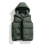 Men's light green hooded insulated puffer vest in 4XL size, featuring a zipper closure and convenient zipper pockets. The vest has a stylish collar design and provides warmth with its puffer material.