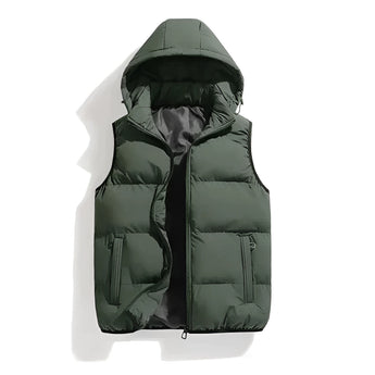 Men's light green hooded insulated puffer vest in 4XL size, featuring a zipper closure and convenient zipper pockets. The vest has a stylish collar design and provides warmth with its puffer material.