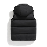 Men's grey hooded insulated puffer vest with zipper pockets, featuring a sleek design with a high collar, displayed on a mannequin wearing a dress shirt and blazer underneath.