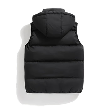 Men's grey hooded insulated puffer vest with zipper pockets, featuring a sleek design with a high collar, displayed on a mannequin wearing a dress shirt and blazer underneath.