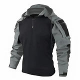 Men's gray hooded tactical jacket in size 3XL, featuring durable and water-resistant material with long sleeves, a collar, and button details, designed as a military-style coat suitable for outdoor activities.