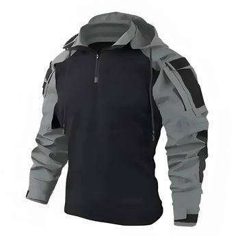 Men's gray hooded tactical jacket in size 3XL, featuring durable and water-resistant material with long sleeves, a collar, and button details, designed as a military-style coat suitable for outdoor activities.