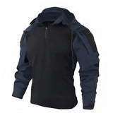 Men's dark blue hooded tactical jacket in size 3XL, featuring durable water-resistant fabric, long sleeves, a structured collar, multiple pockets, and a stylish design.