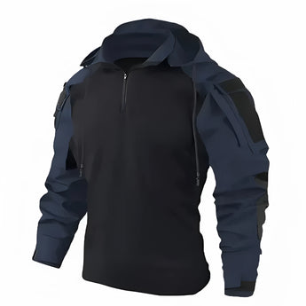Men's dark blue hooded tactical jacket in size 3XL, featuring durable water-resistant fabric, long sleeves, a structured collar, multiple pockets, and a stylish design.