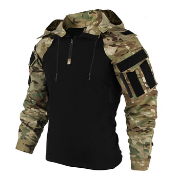 Men's hooded tactical jacket in camouflage pattern, featuring long sleeves and a collar, designed for durability and water resistance, size 3XL.