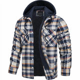 Men's insulated blue plaid hooded winter jacket with quilted design, featuring a stylish tartan pattern, long sleeves, and a collar.