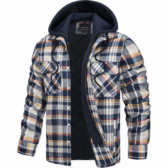 Men's insulated blue plaid hooded winter jacket with quilted design, featuring a stylish tartan pattern, long sleeves, and a collar.