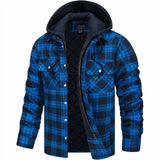 Men's insulated hooded winter jacket in blue plaid, quilted design, size 5XL, with long sleeves, featuring a stylish and warm outerwear suitable for cold weather.