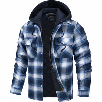 Men's insulated winter jacket in blue plaid pattern, featuring a hood, quilted design, and long sleeves, size 4XL.