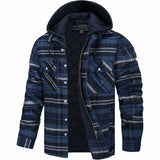 Men's insulated blue plaid hooded winter jacket with quilted design, featuring a stylish tartan pattern, a collar, and long sleeves, available in Blu Marino1 color and 5XL2 size.
