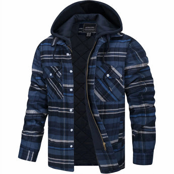 Men's insulated blue plaid hooded winter jacket with quilted design, featuring a stylish tartan pattern, a collar, and long sleeves, available in Blu Marino1 color and 5XL2 size.