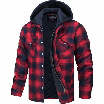 Men's insulated blue plaid hooded winter jacket with quilted design and stylish tartan pattern, featuring long sleeves and a comfortable fit in Rosso Plaid1 color, ideal for cold weather wear.