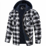 Men's insulated winter jacket in blue plaid pattern with a hood, featuring quilted design and stylish detailing, suitable for cold weather.