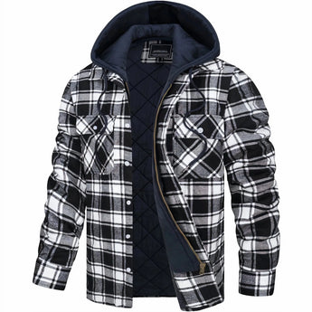 Men's insulated winter jacket in blue plaid pattern with a hood, featuring quilted design and stylish detailing, suitable for cold weather.