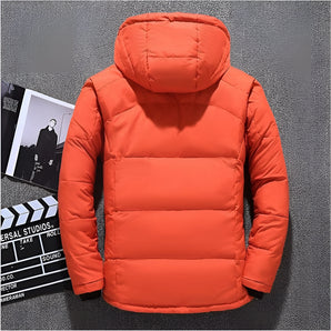 Men's bright orange insulated hooded winter puffer jacket with long sleeves and a high collar for warmth and comfort.