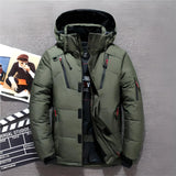 Men's insulated hooded winter puffer jacket in bright orange, featuring long sleeves and a high collar, suitable for cold weather sports and outdoor activities.
