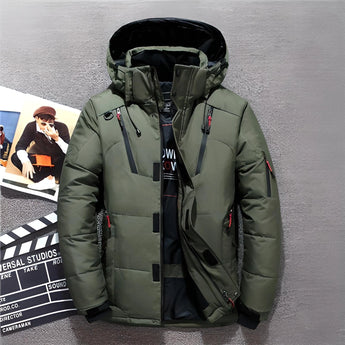 Men's insulated hooded winter puffer jacket in bright orange, featuring long sleeves and a high collar, suitable for cold weather sports and outdoor activities.