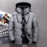 Men's insulated bright orange hooded winter puffer jacket with a thick collar and long sleeves, displayed in a gray color variant, size 5XL.