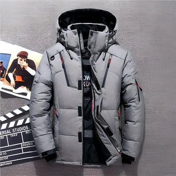 Men's insulated bright orange hooded winter puffer jacket with a thick collar and long sleeves, displayed in a gray color variant, size 5XL.