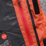 Men's bright orange insulated hooded winter puffer jacket with long sleeves and a high collar.