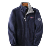 Men's marine blue insulated bomber fleece jacket with a warm zip-up front, featuring long sleeves, a collar, and side pockets.