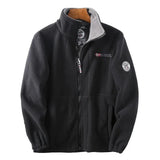 Men's insulated bomber fleece jacket in grey, featuring a zip-up front with a black color variant, small size. The design includes long sleeves, a standing collar, and a zipper closure with side pockets. The jacket is styled in an electric blue backdrop to highlight its fashionable and functional features.