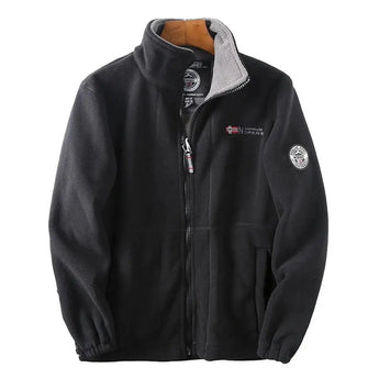 Men's insulated bomber fleece jacket in grey, featuring a zip-up front with a black color variant, small size. The design includes long sleeves, a standing collar, and a zipper closure with side pockets. The jacket is styled in an electric blue backdrop to highlight its fashionable and functional features.