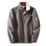 Men's khaki insulated bomber jacket featuring a zip-up design with a fleece lining. The jacket has a grey tone, collar, and long sleeves, offering warmth and a casual yet stylish look.