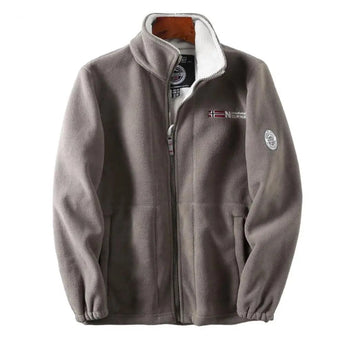 Men's khaki insulated bomber jacket featuring a zip-up design with a fleece lining. The jacket has a grey tone, collar, and long sleeves, offering warmth and a casual yet stylish look.