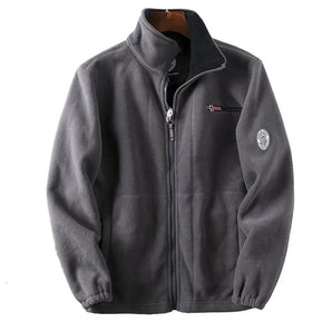 Men's insulated grey bomber fleece jacket with a warm zip-up design, featuring a collar, long sleeves, and a zipper closure.
